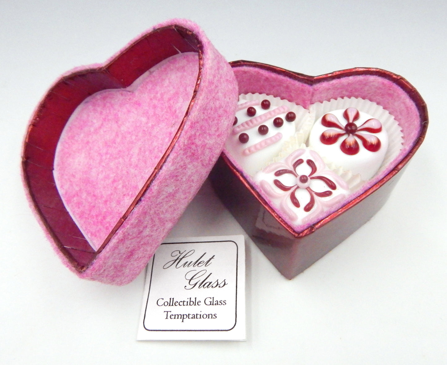 Pink Heart Box of 3 Art Glass Chocolates (BxHP3-0020)